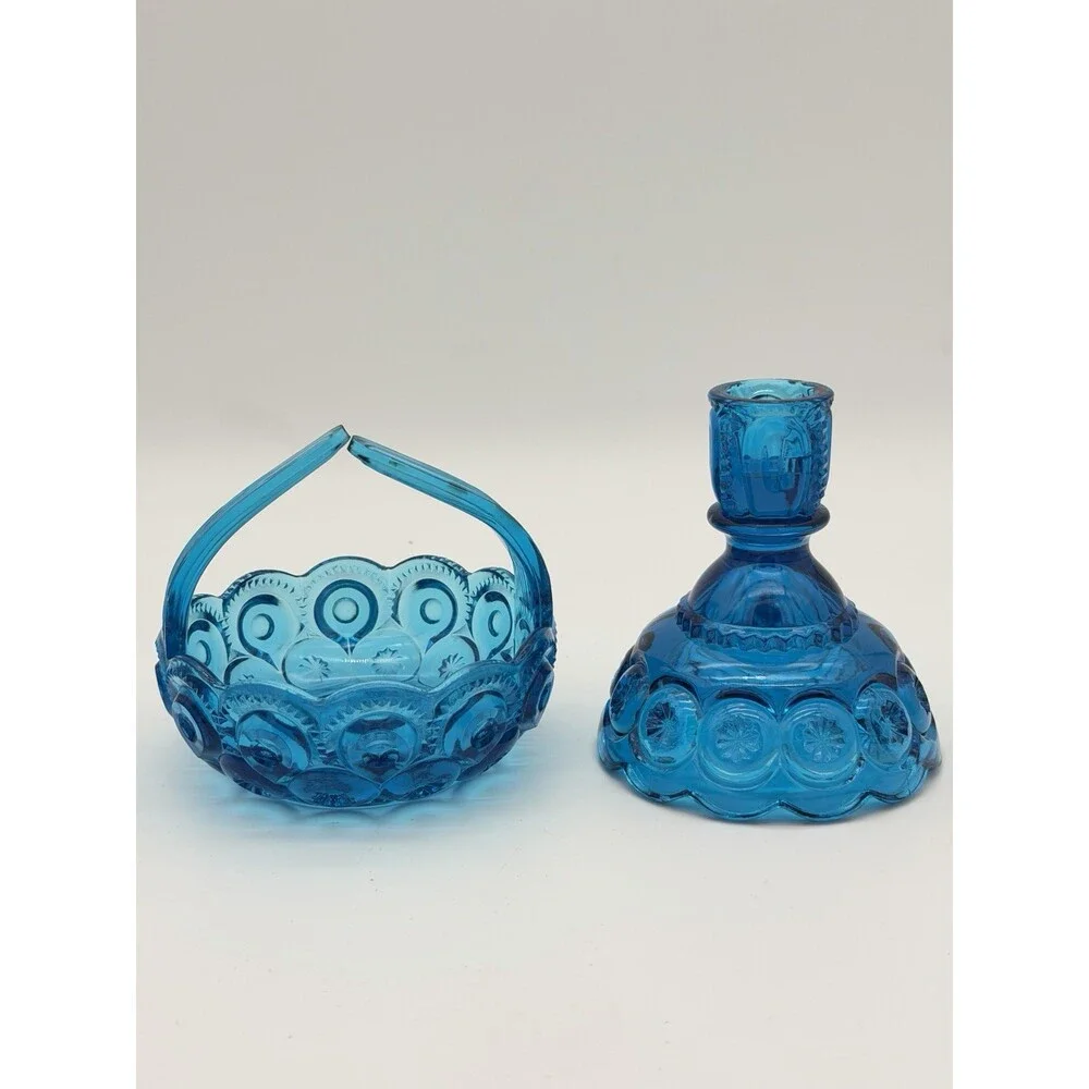 MCM LE Smith Moon & Stars Art glass basket & Candleholder colonial blue Set